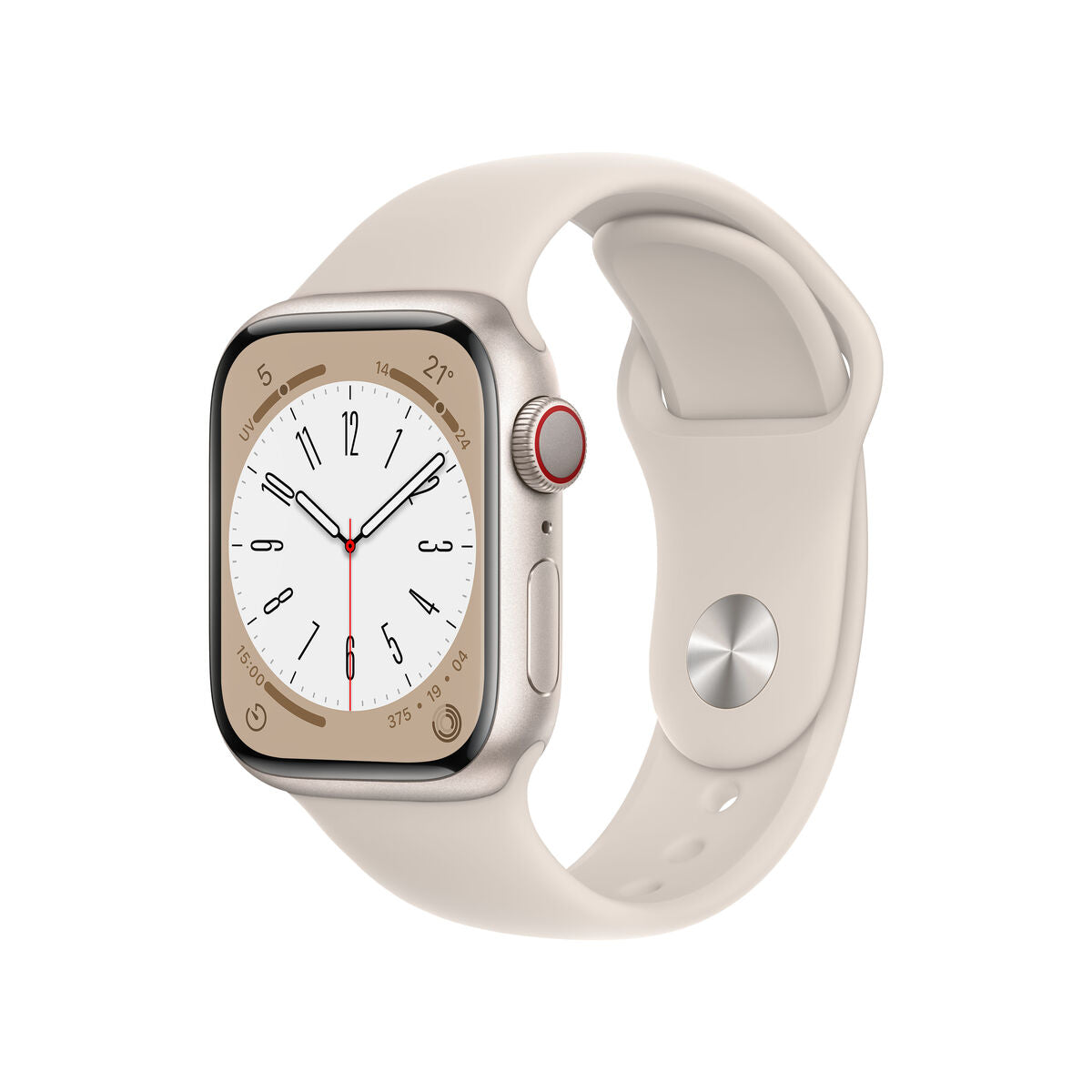 Montre connectée Apple Watch Series 8 avec bracelet beige et cadran blanc, vue 3/4