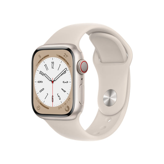 Montre connectée Apple Watch Series 8 avec bracelet beige et cadran blanc, vue 3/4