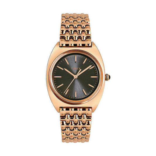 Montre femme Timex, cadran vert foncé, bracelet maillons acier ton or rose