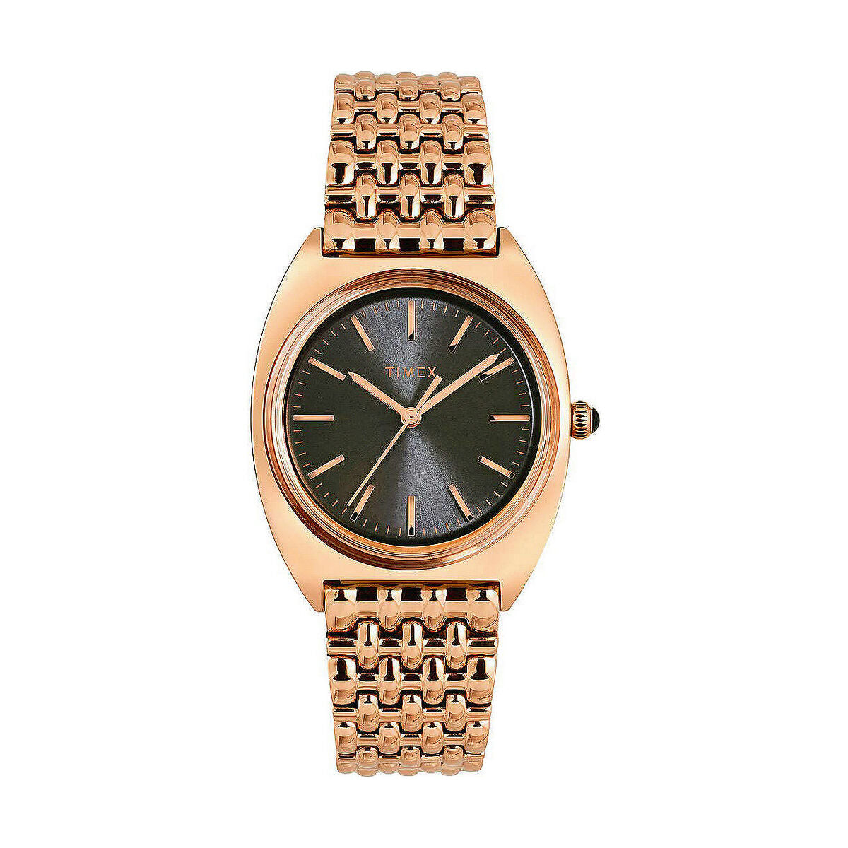 Montre femme Timex, boîtier ton or rose, cadran vert foncé, bracelet maillons
