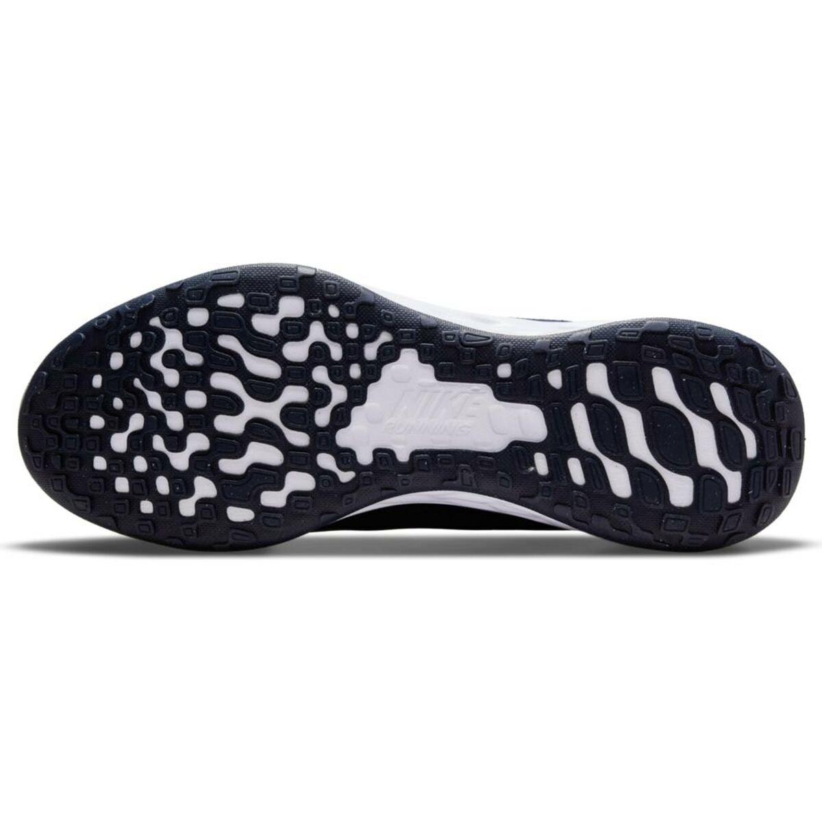 Semelle extérieure de chaussure Nike bleu foncé, crampons et motif antidérapant noir/blanc.