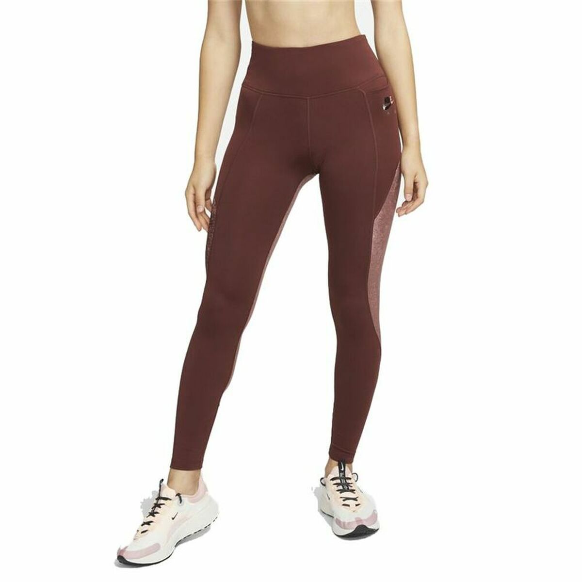 Legging de sport Nike Air Dri-FIT bordeaux, coupe serrée, logo sur la jambe