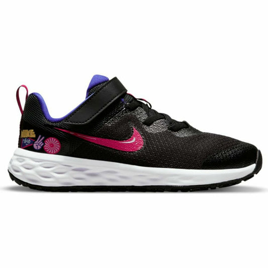 Chaussure enfant Nike Revolution 6 noire à lacets, semelle blanche, logo rose