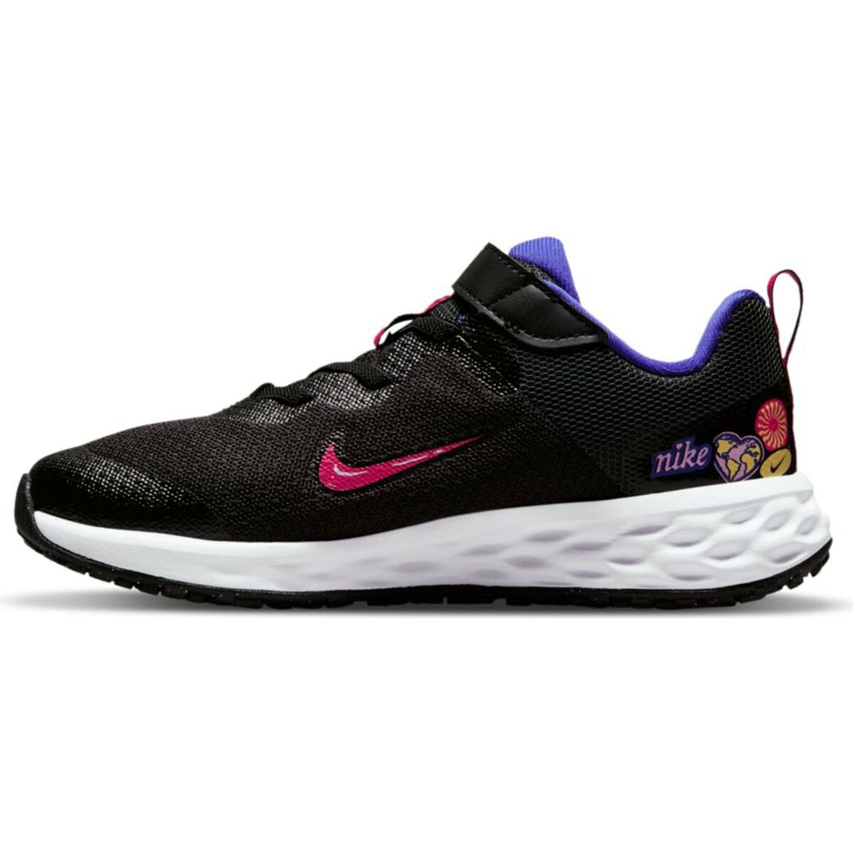 Chaussure de sport Nike enfant noire, swoosh fuchsia, col violet