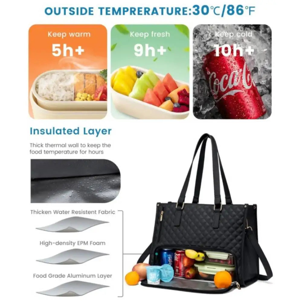 Sac cabas isotherme 2 en 1 matelassé noir avec fermeture éclair et trousse assortie