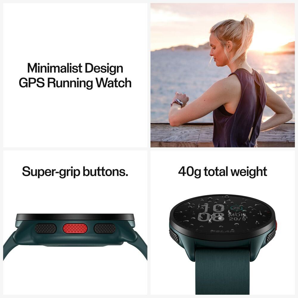 Montre GPS Polar Pacer bracelet vert, gros plan des boutons et cadran rond noir.
