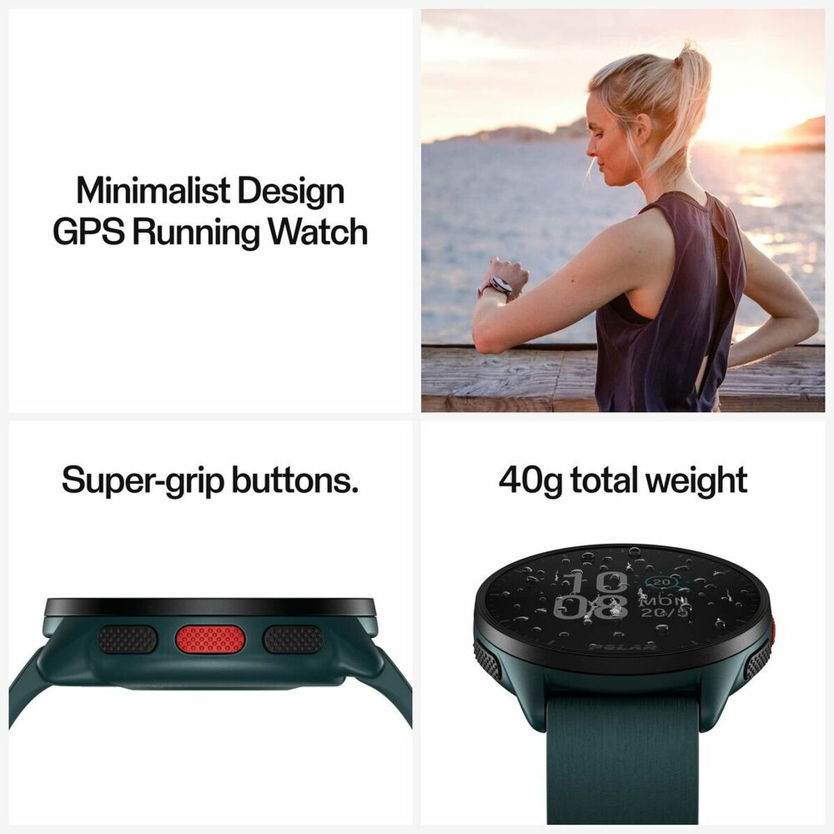 Montre GPS Polar Pacer bracelet vert, boutons latéraux visibles et cadran circulaire noir.
