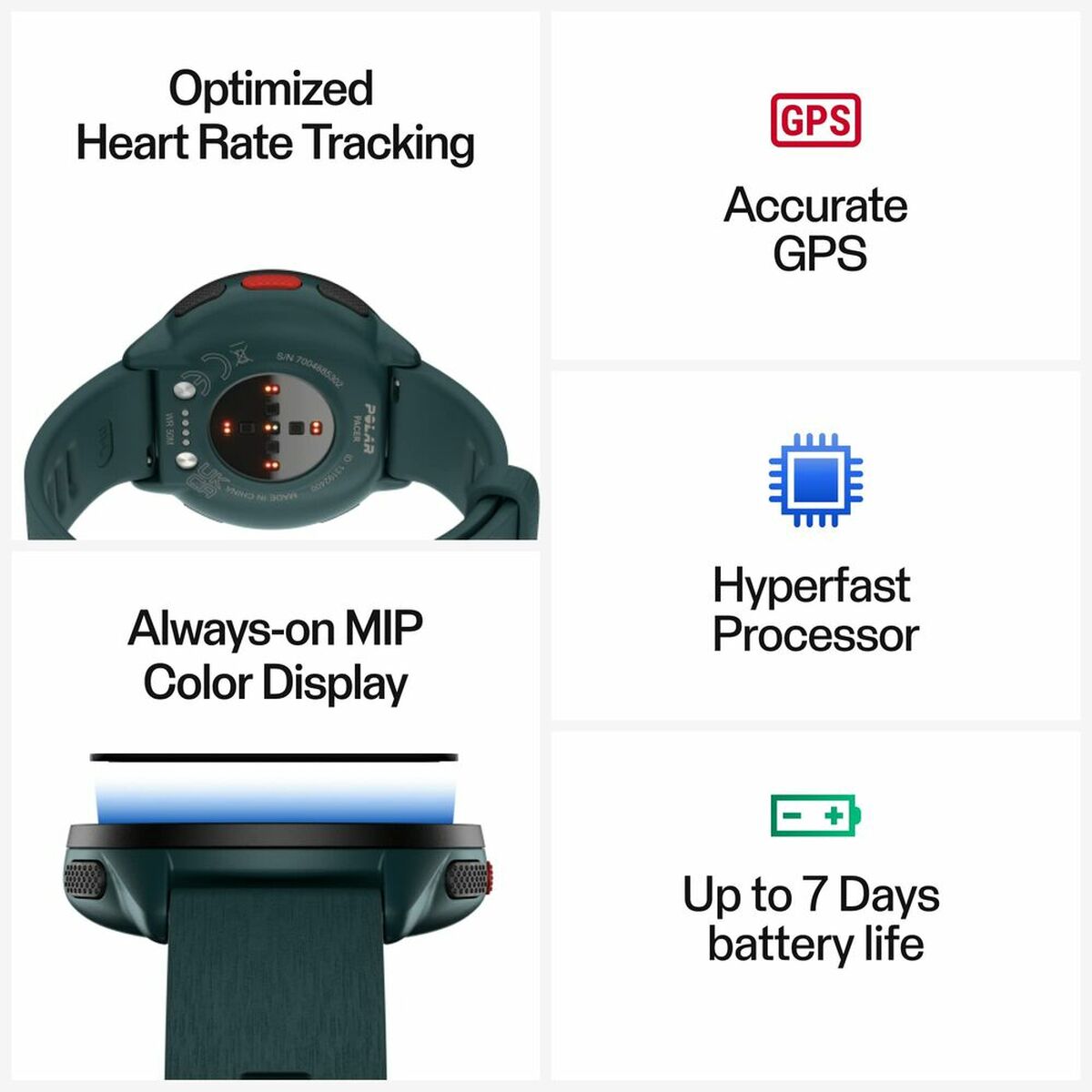 Montre GPS Polar Pacer bracelet vert, écran MIP couleur et fréquence cardiaque surveillée.