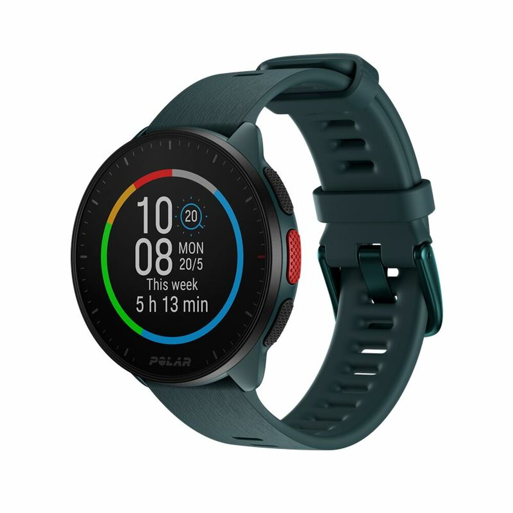 Montre GPS Polar Pacer avec bracelet vert et cadran noir affichant des données d’entraînement.