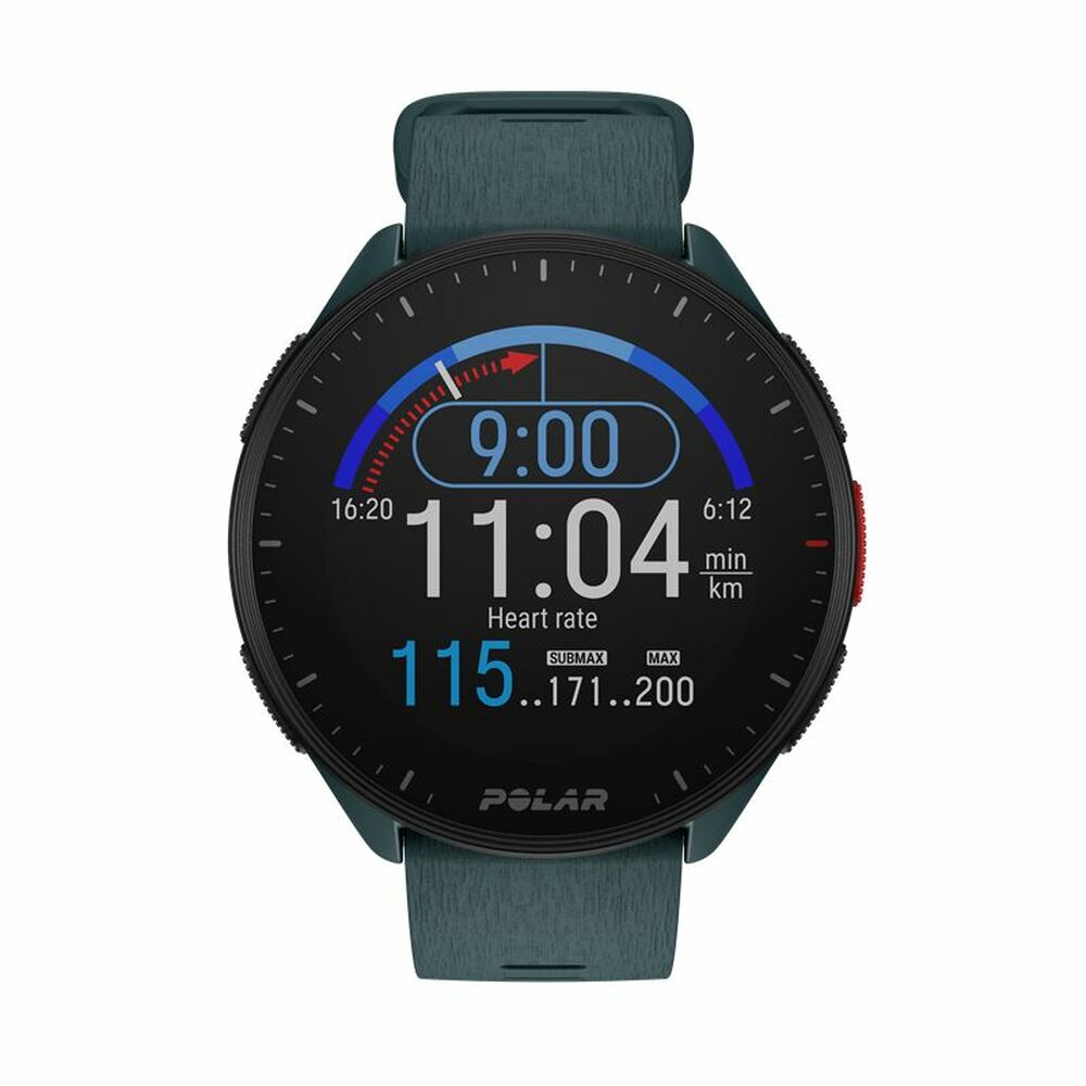 Montre GPS Polar Pacer 45 mm à bracelet vert, écran noir : 11:04 min/km, cœur