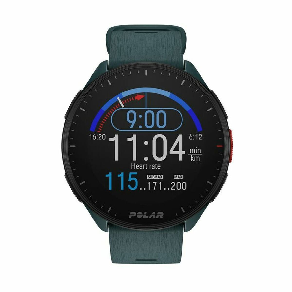 Montre GPS Polar Pacer 45 mm à bracelet vert, écran noir : 9:00, 115 batt/min