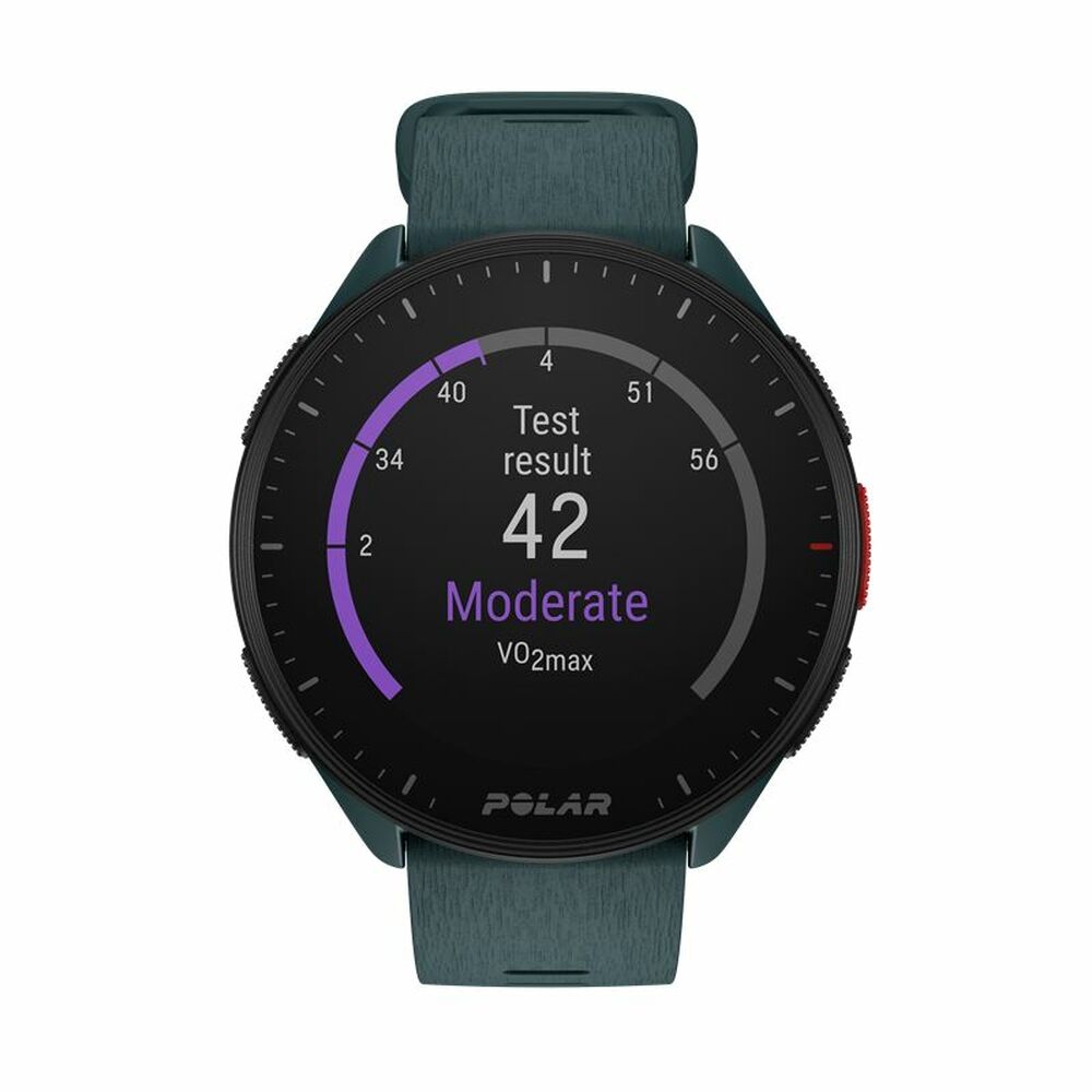 Montre GPS Polar Pacer noire affichant Test result 42, Moderate et V02max
