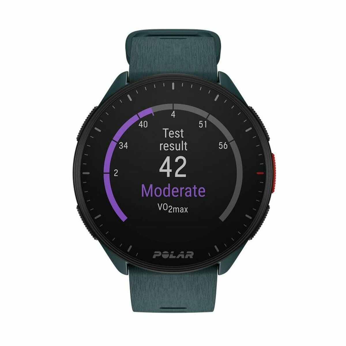 Montre GPS Polar Pacer noire avec écran Test result 42, niveau Moderate, V02max