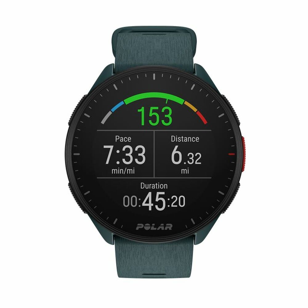 Montre GPS Polar Pacer noire affichant Pace 7:33, distance 6,32 et durée 00:45:20