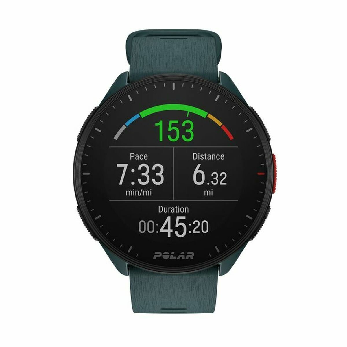 Montre GPS Polar Pacer noire, écran avec Pace 7:33, distance 6,32 et durée 00:45:20