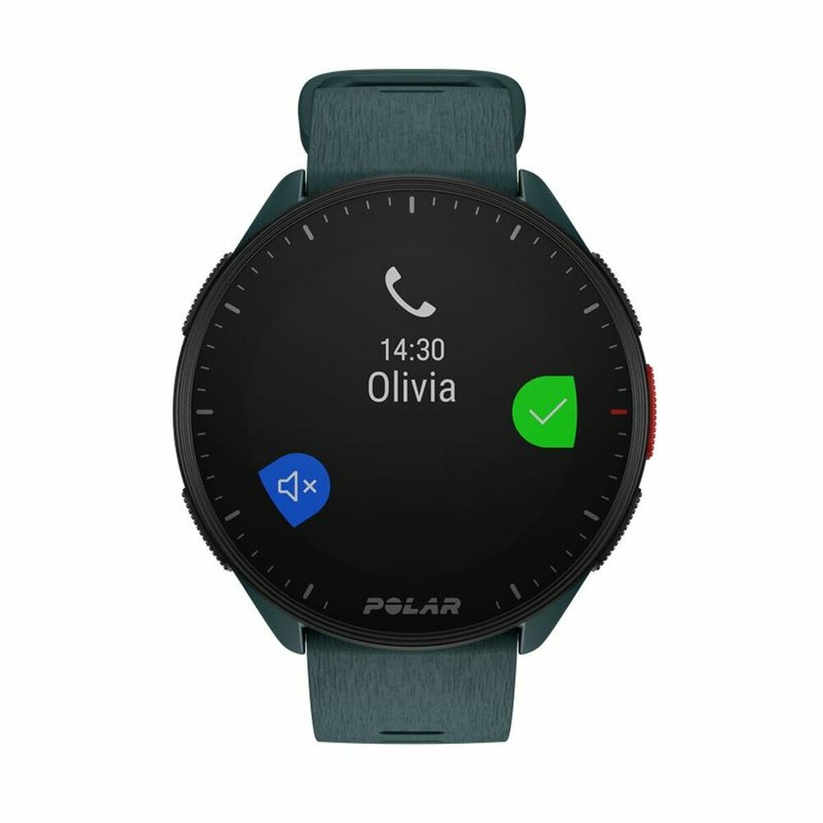Montre GPS Polar Pacer noire, cadran avec 14:30, Olivia et coche verte
