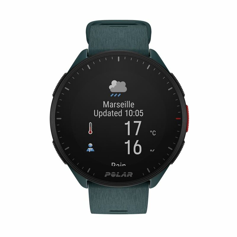 Montre GPS Polar Pacer bracelet vert, cadran noir météo avec températures affichées.