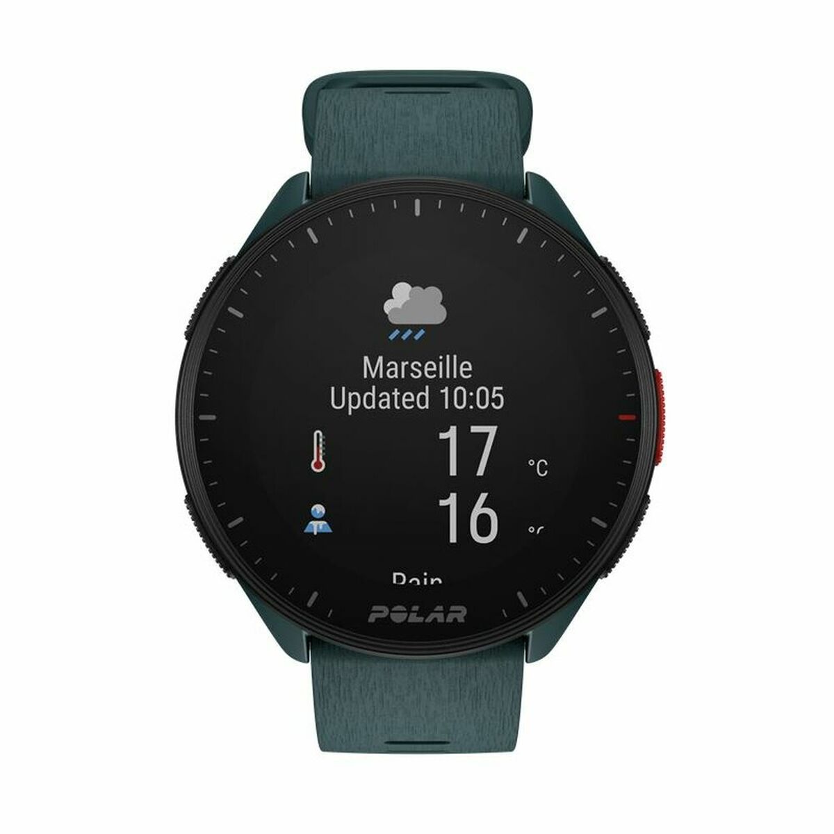 Montre GPS Polar Pacer bracelet vert, cadran noir avec icônes météo et températures.
