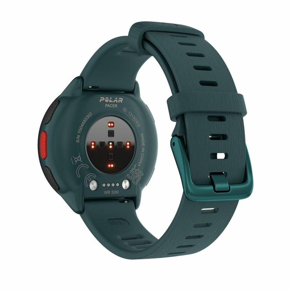 Montre GPS Polar Pacer, boîtier vert foncé, écran avec icônes, bracelet à trous