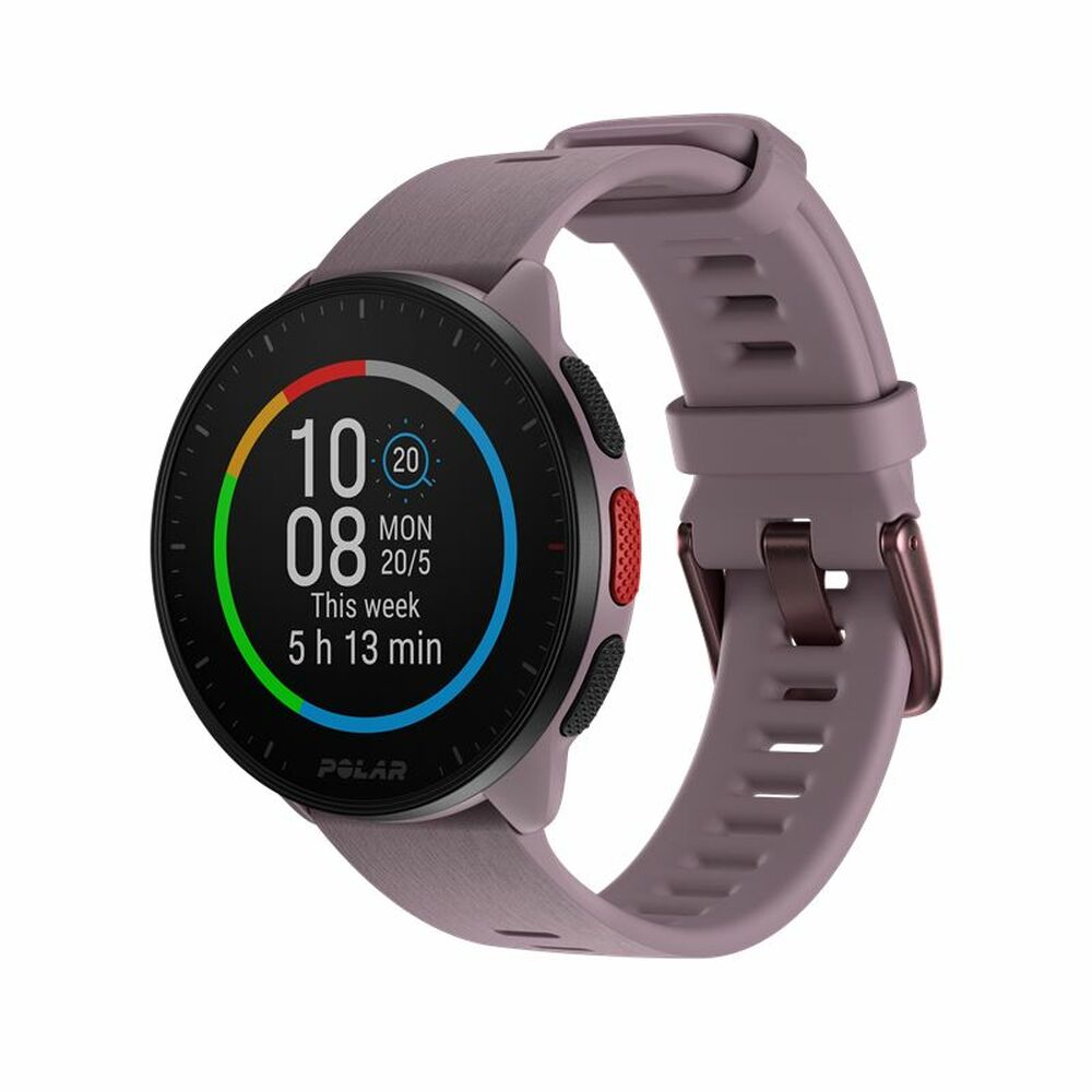 Montre connectée Polar Pacer avec bracelet violet et cadran noir, vue inclinée