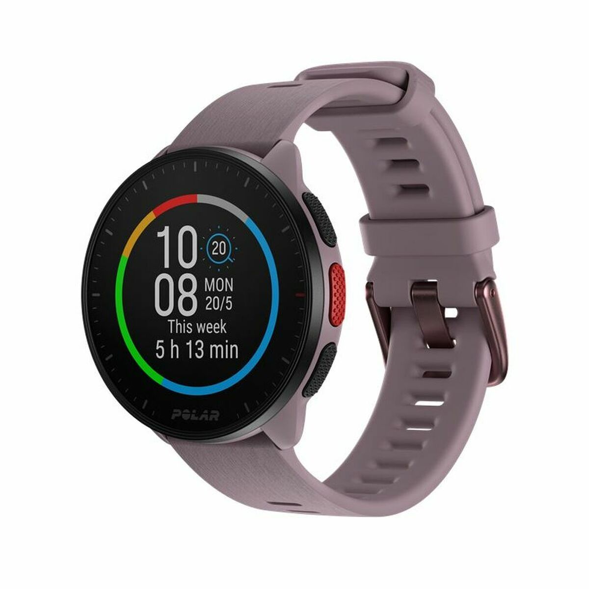 Montre connectée Polar Pacer avec bracelet violet et cadran noir, vue de face