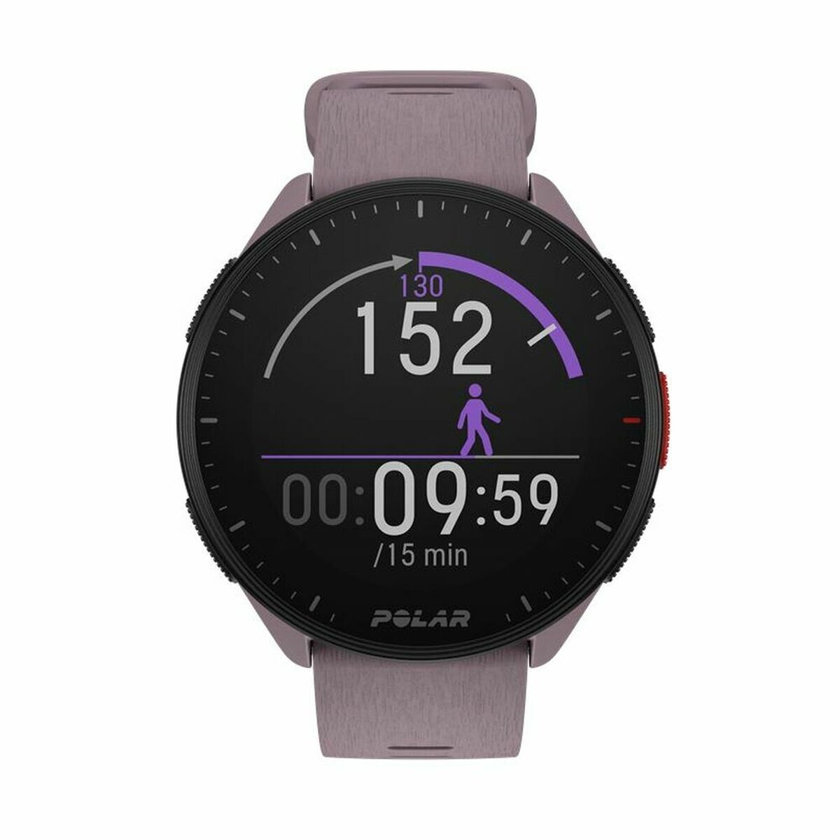 Montre connectée Polar Pacer, cadran rond noir et bracelet violet.