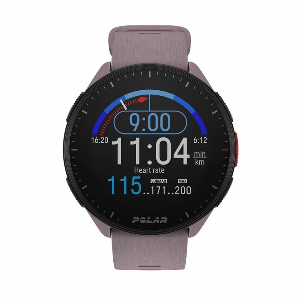 Montre connectée Polar avec cadran noir, heure 9:00, fréquence cardiaque et cardio MAX