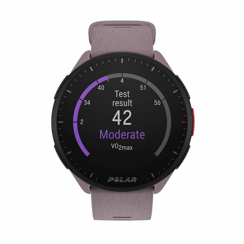 Montre connectée Polar avec cadran noir, affichage Test result 42 et VO2max Modéré