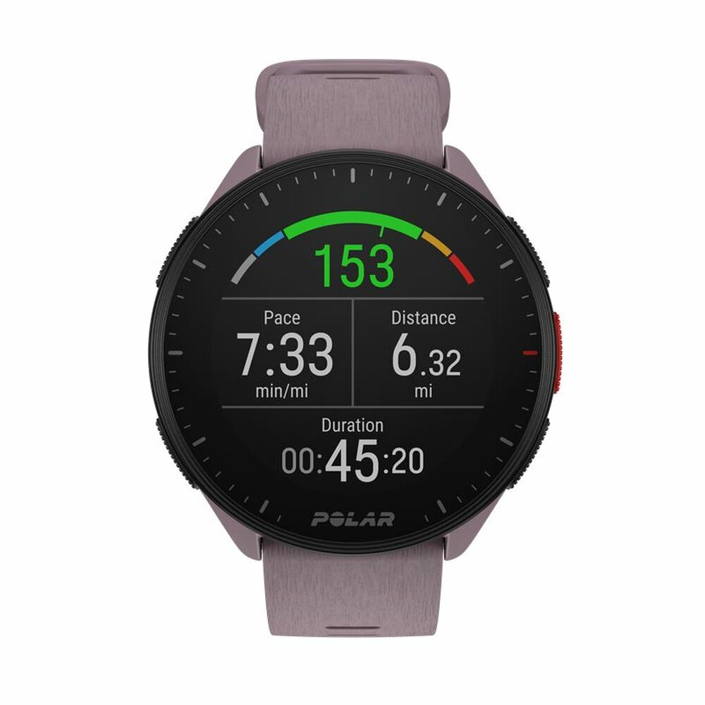 Montre connectée Polar avec cadran noir, indicateurs Pace, Distance et Durée