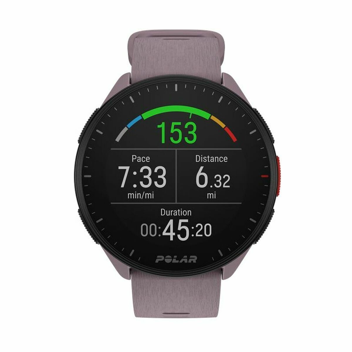 Montre connectée Polar avec cadran noir, jauge 153 et mesures Pace, Distance, Durée