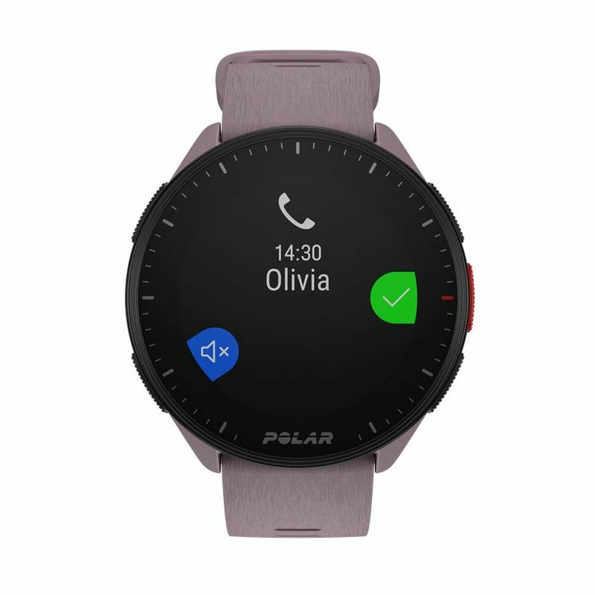 Montre connectée Polar avec bracelet violet et cadran noir, notifications et icônes d’appel