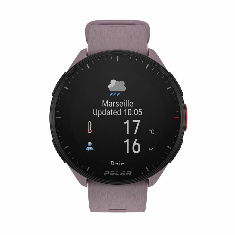 Montre connectée Polar Pacer cadran noir avec icônes météo, bracelet violet