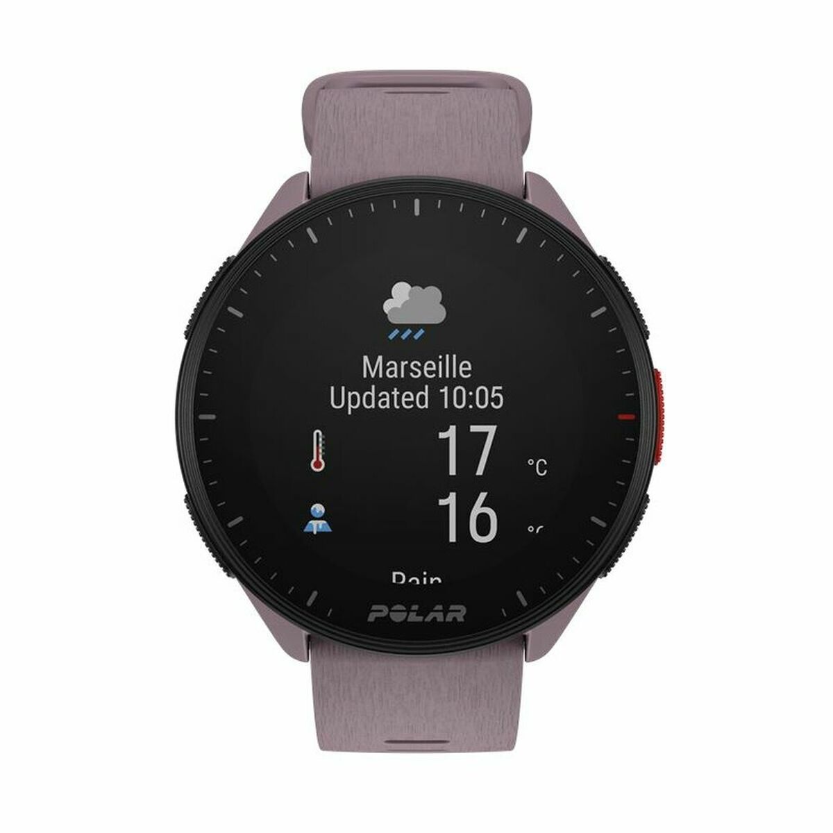 Montre connectée Polar Pacer cadran noir affichage météo, bracelet violet