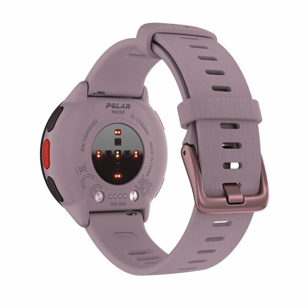 Montre connectée Polar Pacer bracelet violet, dos du cadran et capteurs