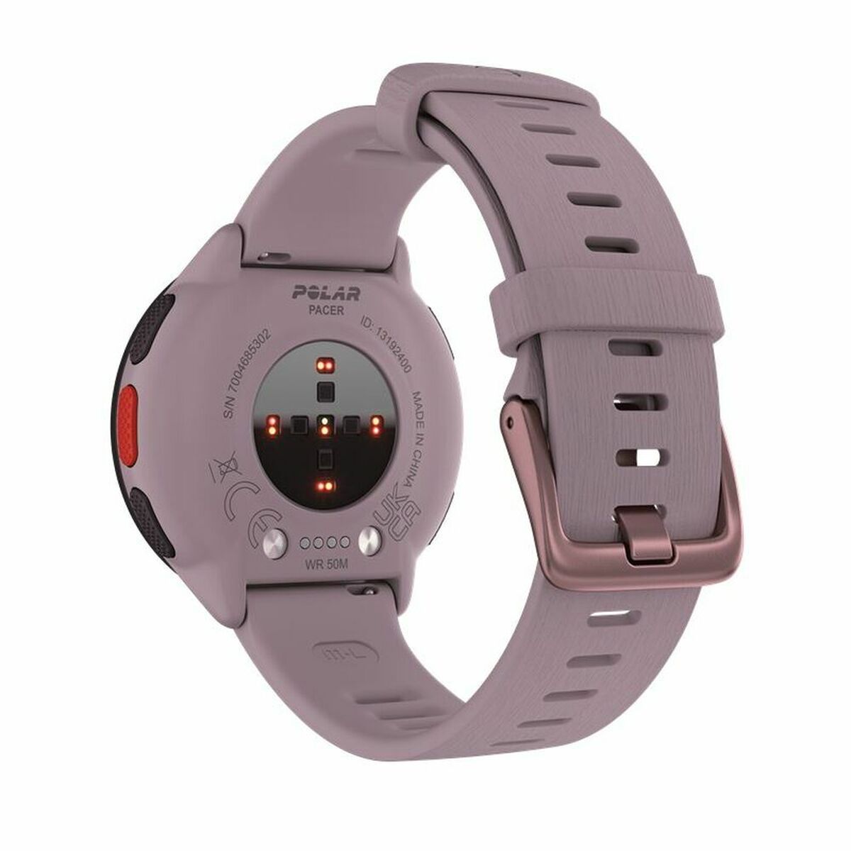 Montre connectée Polar Pacer bracelet violet, dos avec capteurs visibles