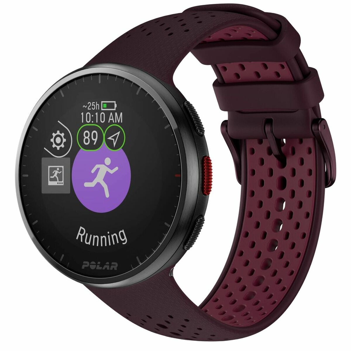 Montre de sport avec cadran noir en mode course et bracelet bordeaux perforé.