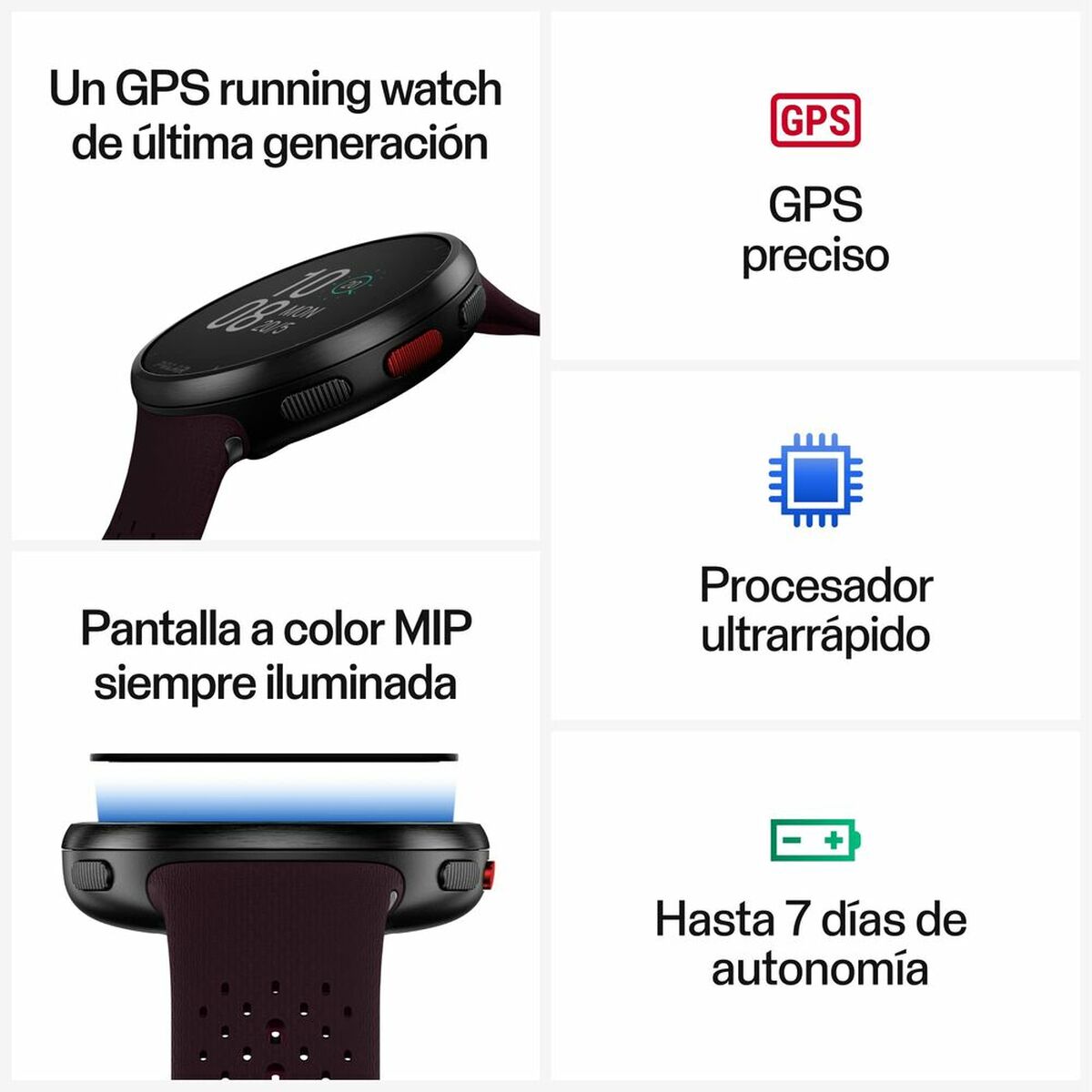 Montre GPS de course avec cadran noir et bracelet bordeaux perforé.