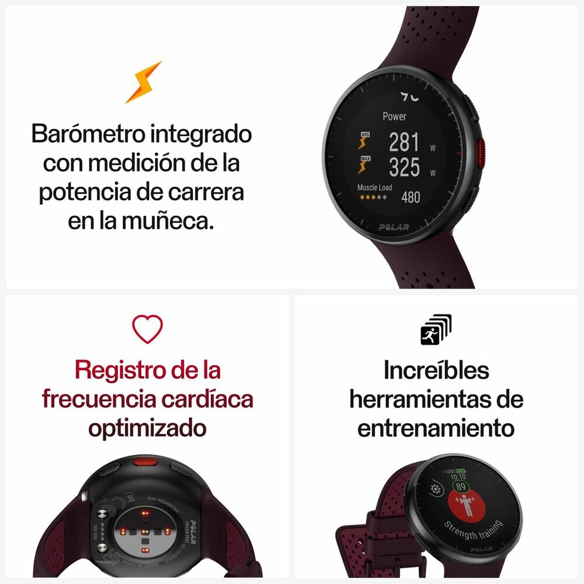 Montre de sport Polar Pro avec cadran noir et bracelet bordeaux perforé.
