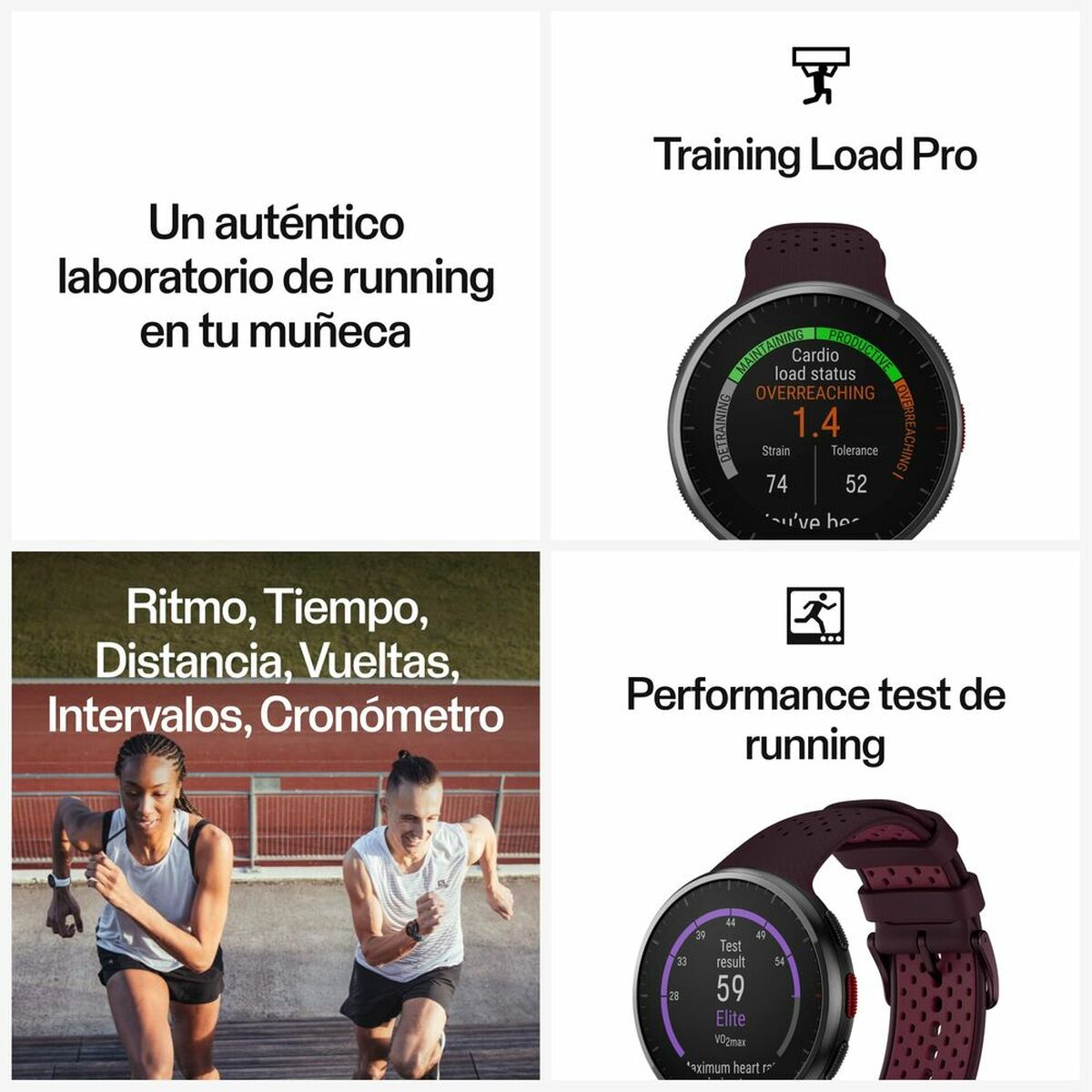 Montre de course avec cadran noir affichant des graphiques et bracelet bordeaux perforé.