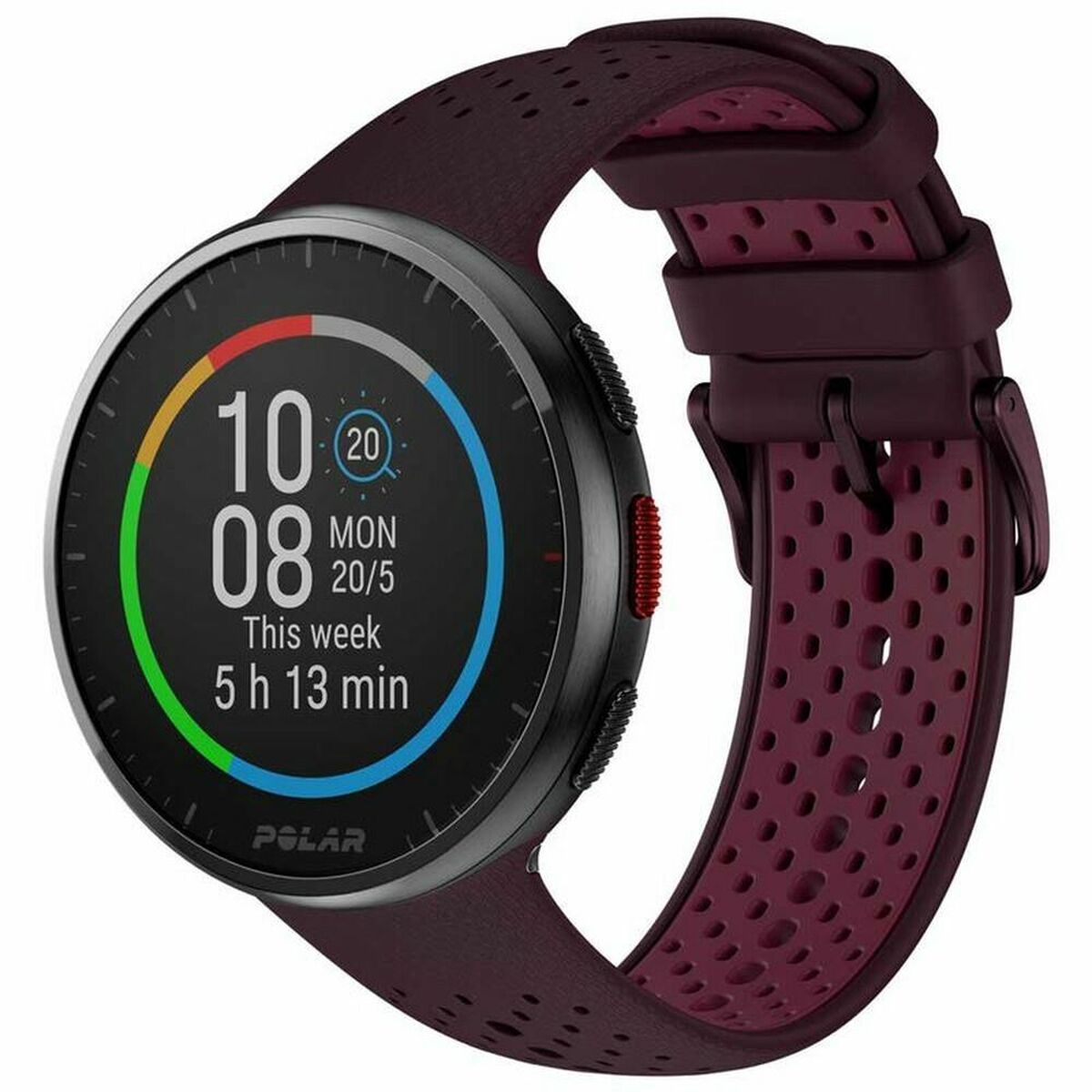 Montre de sport Polar Pro avec cadran noir et bracelet bordeaux perforé.