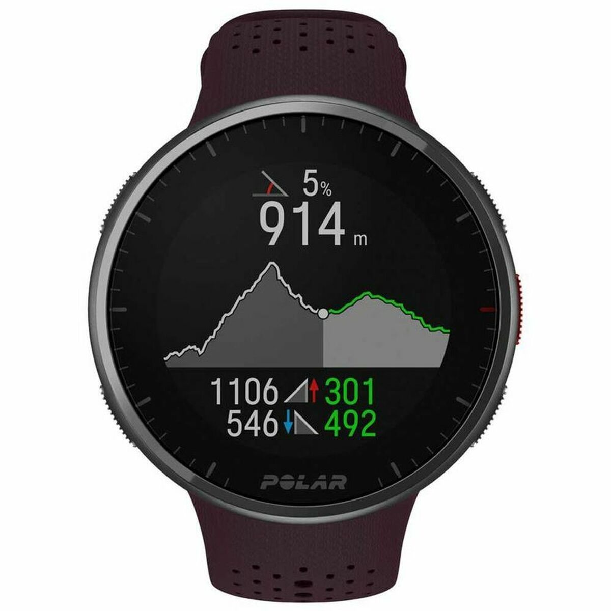 Montre sportive Polar Pro : écran noir, bracelet bordeaux silicone perforé, graphique vert/jaune.