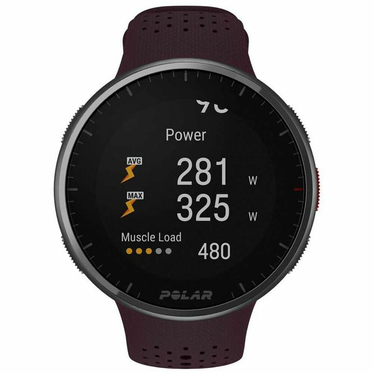 Montre sportive Polar Pro : écran noir, bracelet bordeaux silicone perforé, indicateurs orange.