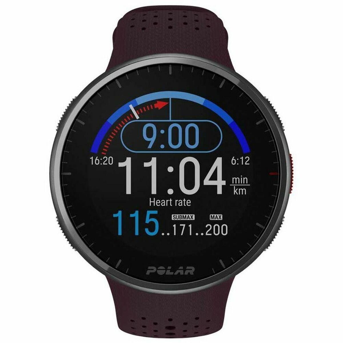 Montre sportive Polar Pro : écran noir, bracelet bordeaux silicone perforé, infos en bleu.