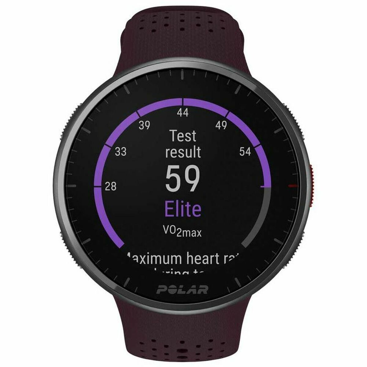 Montre sportive Polar Pro : écran noir, bracelet bordeaux silicone perforé, jauge violette.