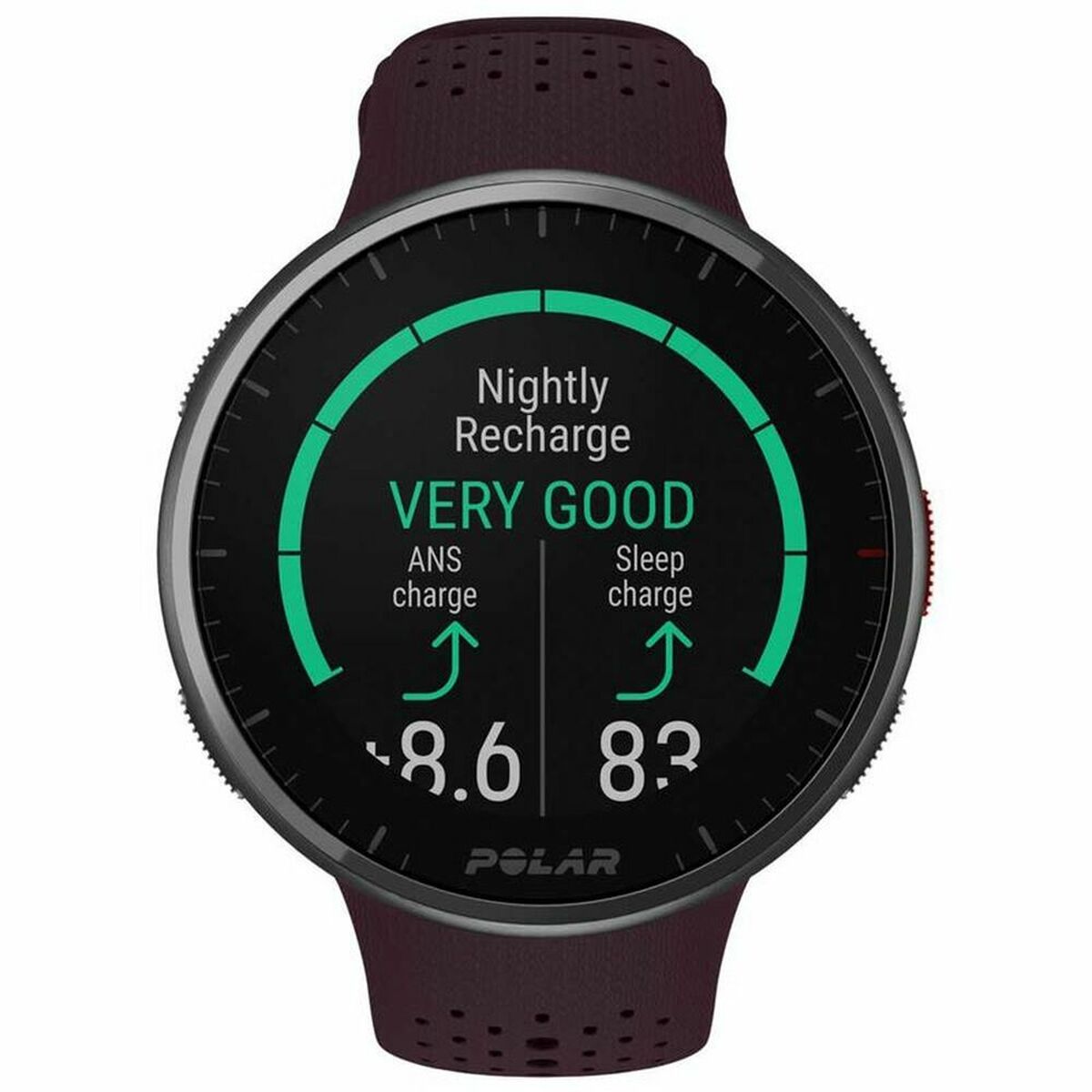 Montre sportive Polar Pro : écran noir, bracelet bordeaux silicone perforé, recharge vert/bleu.