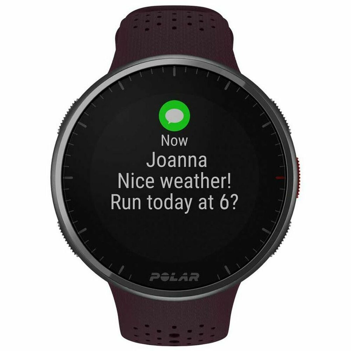 Montre sportive Polar Pro : écran noir, bracelet bordeaux silicone perforé, indications vert.