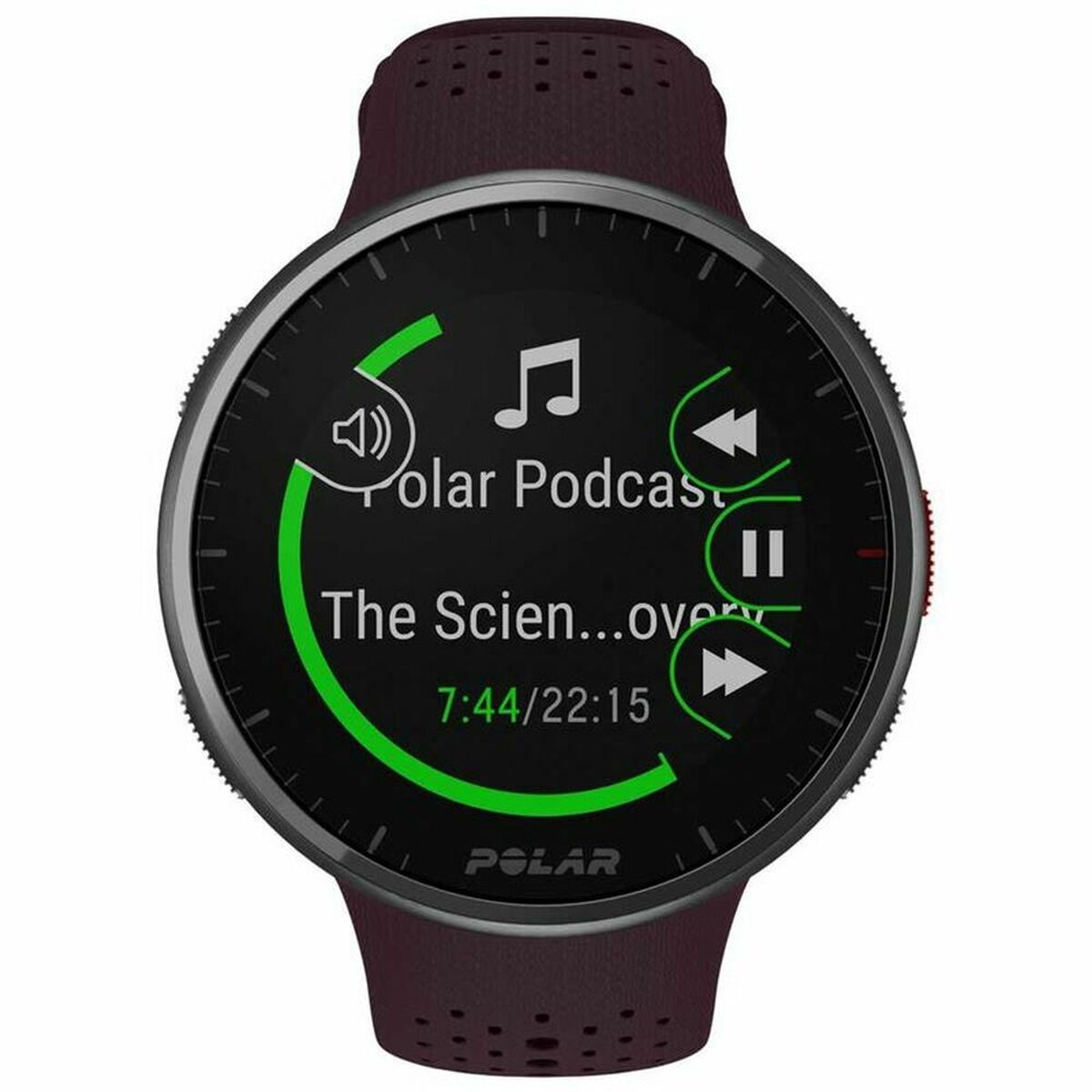 Montre de sport avec écran noir et bracelet bordeaux perforé, icônes audio visibles.