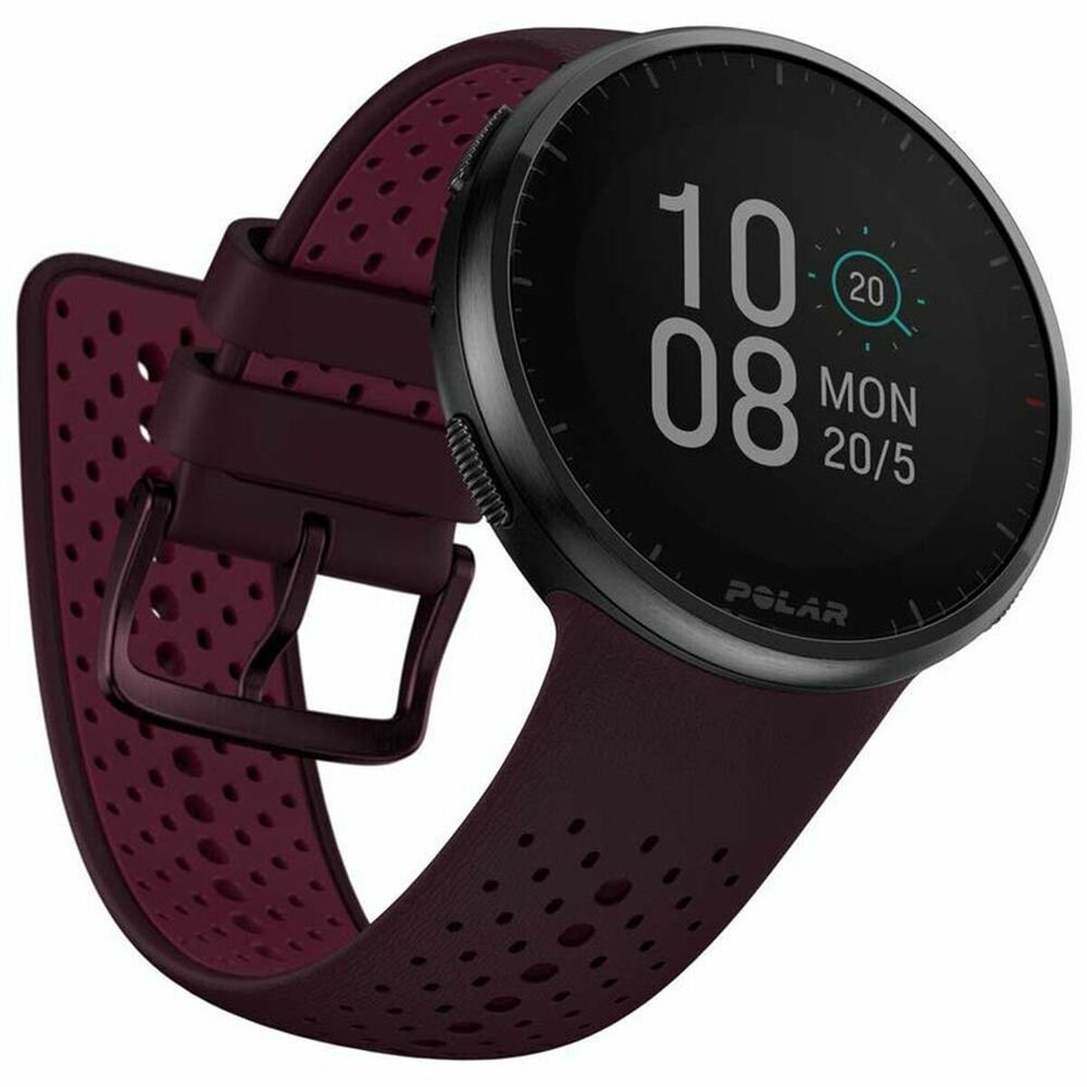 Montre de sport cadran noir avec chiffres lisibles et bracelet bordeaux perforé.