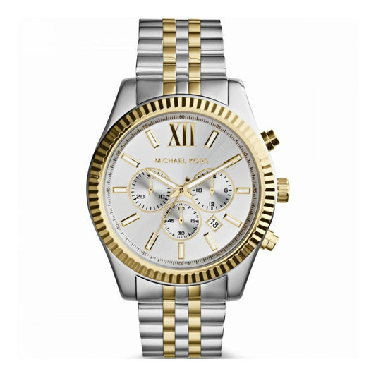 Montre Michael Kors MK8344 à cadran blanc, lunette dorée et bracelet acier bicolore