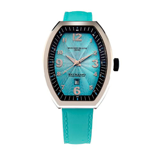 Montre femme à quartz, cadran bleu turquoise et bracelet cuir bleu, boîtier argenté